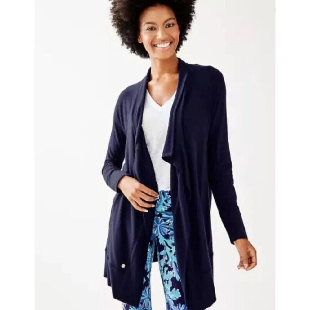 Lilly Pulitzer Carmela Luxletic Blue Open Waterfall Cardigan Pima Cotton Navy XX